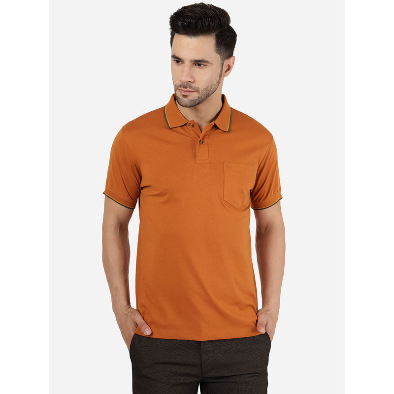 Greenfibre Men Cotton Blend Solid Leather Brown Slim Fit Polo T-Shirt (38)