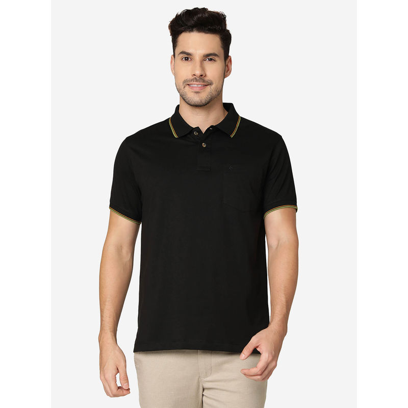 Greenfibre Mens Cotton Blend Solid Jet Black Slim Fit Half Sleeve Polo T-Shirt (38)