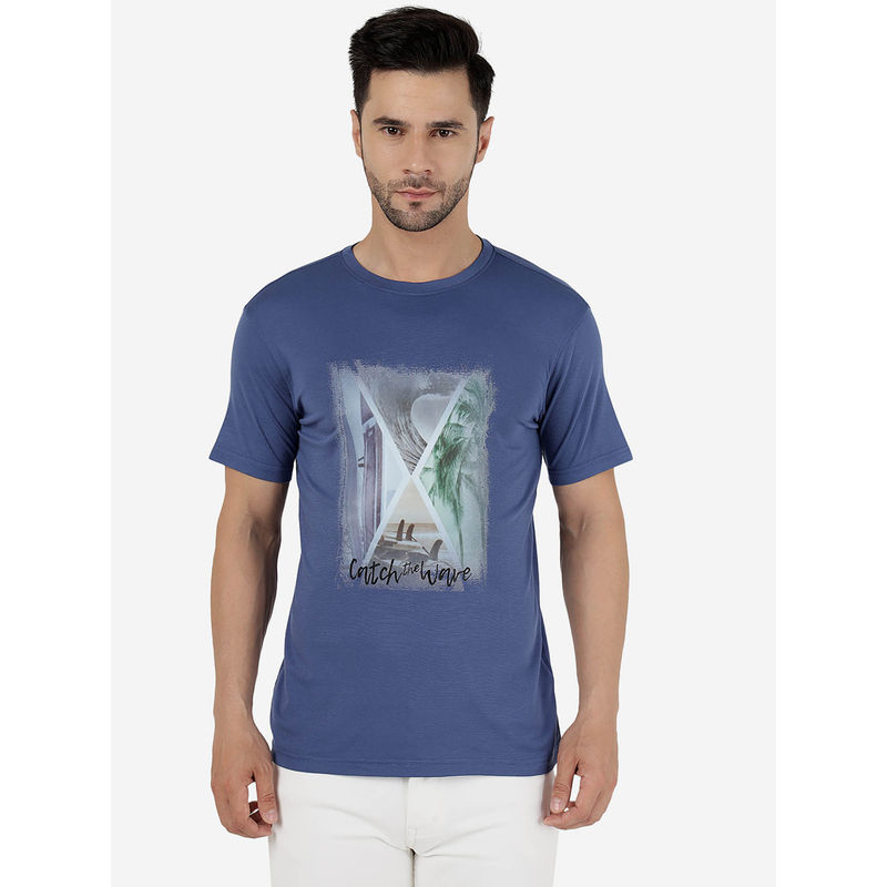 Jadeblue Mens Cotton Printed Moroccan Blue Slim Fit Half Sleeve T-Shirt (40)