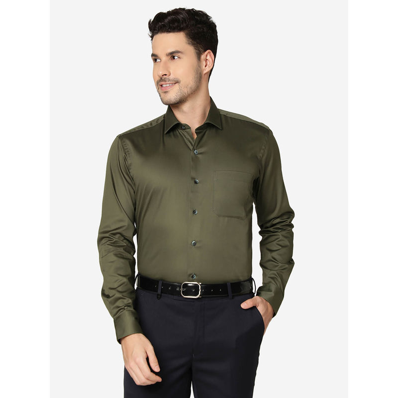 Metal Mens Cotton Solid Olive Green Slim Fit Full Sleeve Formal Shirt (46)