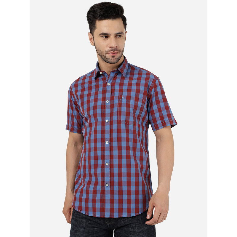 Greenfibre Mens Cotton Checked Bonnie Blue Regular Fit Half Sleeve Semi Casual Shirt (38)
