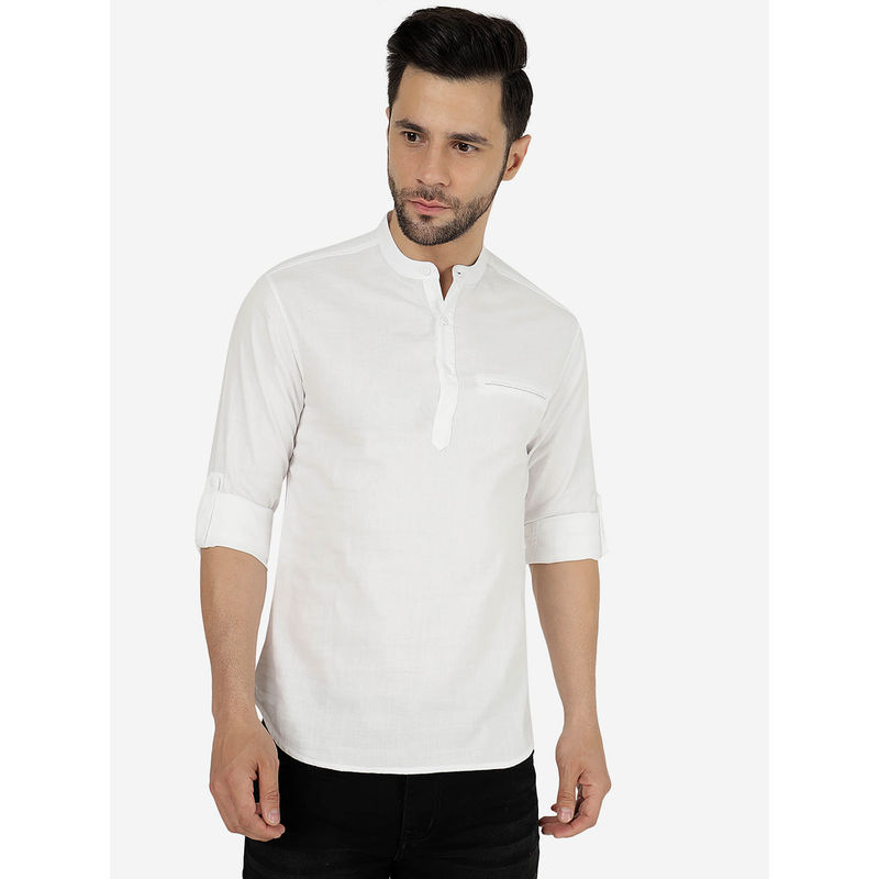 Greenfibre Men Solid White Pure Cotton Slim Fit Semi-Casual Shirt With Mandarin Collar (40)
