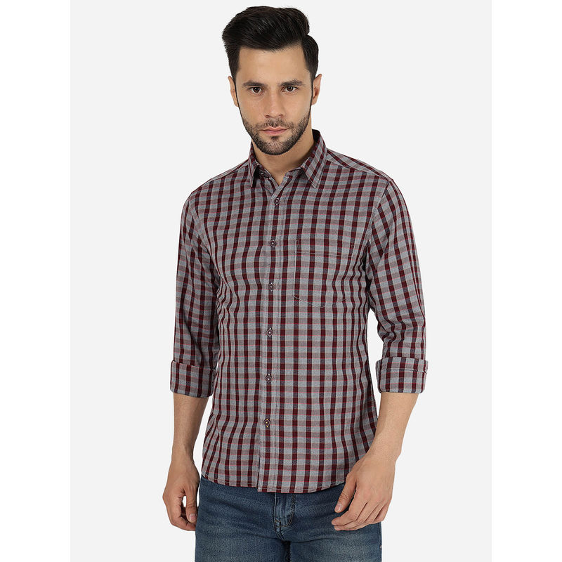 Greenfibre Men Checked Wine Pure Cotton Slim Fit Casual Shirt (38)