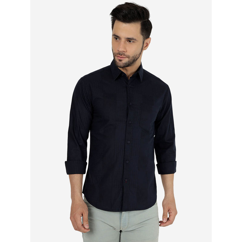 Greenfibre Men Solid Navy Blue Pure Cotton Slim Fit Casual Shirt (38)