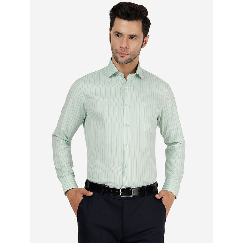 Greenfibre Mens Cotton Blend Striped Green Slim Fit Full Sleeve Formal Shirt (38)