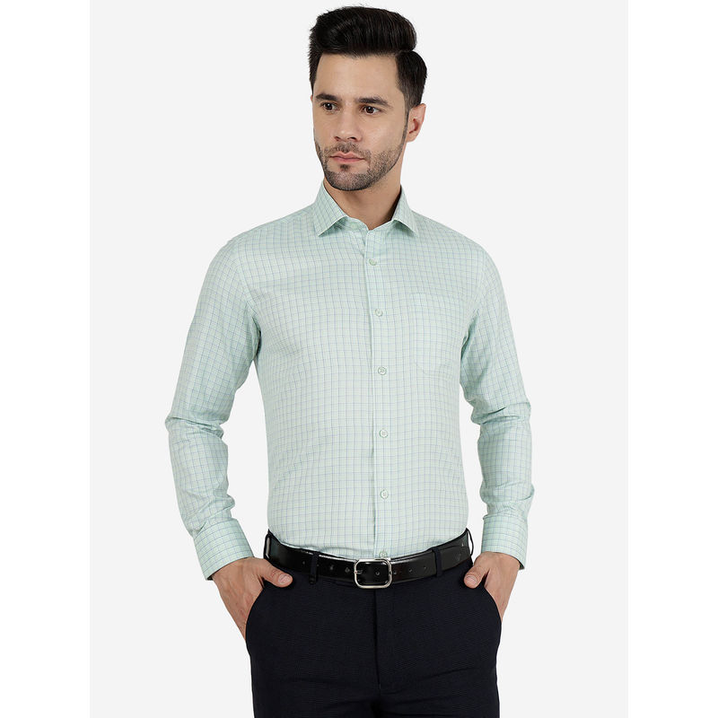 Greenfibre Men Cotton Blend Checked Green Regular Fit Formal Shirt (39)