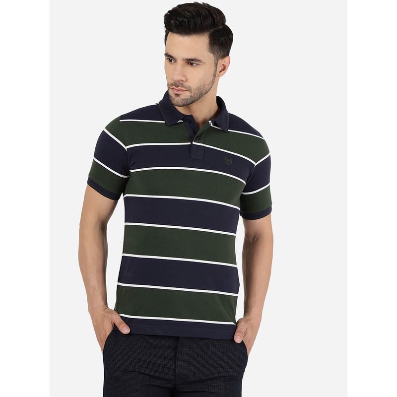Greenfibre Mens Cotton Blend Striped Navy Blue & Olive Slim Fit Half Sleeve Polo T-Shirt (38)