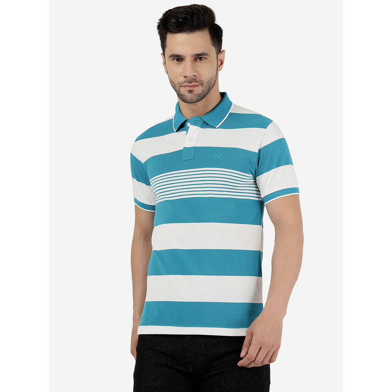 Greenfibre Mens Cotton Blend Striped Ocean Blue & White Slim Fit Half Sleeve Polo T-Shirt (38)