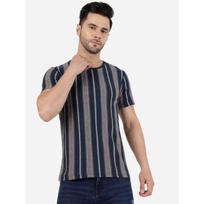 Jadeblue Mens Cotton Striped Blue & Yellow Slim Fit Half Sleeve T-Shirt (38)