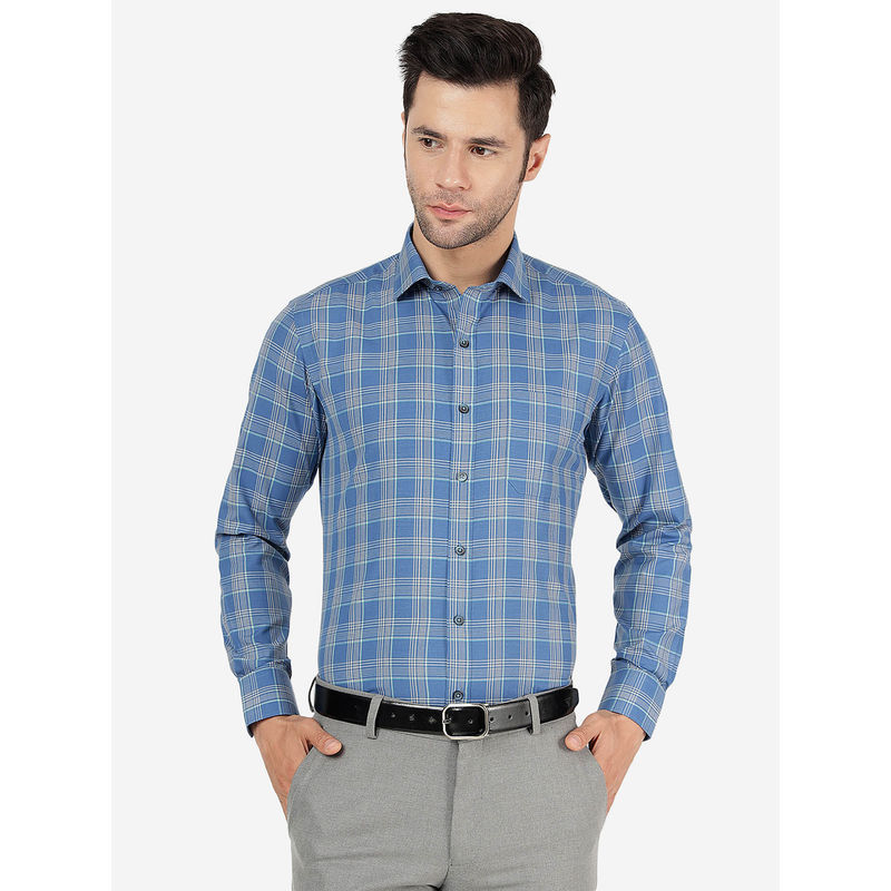 Greenfibre Mens Cotton Blend Checked Blue & Beige Slim Fit Full Sleeve Formal Shirt (38)