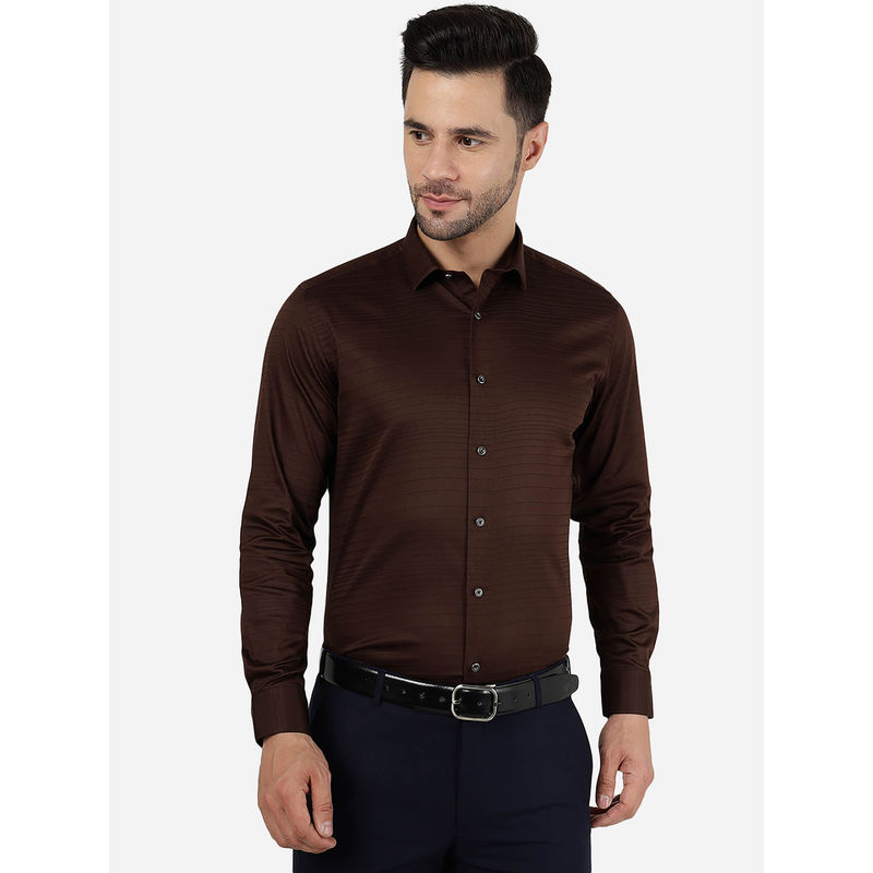 Greenfibre Men 100% Cotton Striped Coffee Brown Slim Fit Party Wear Shirt (39)