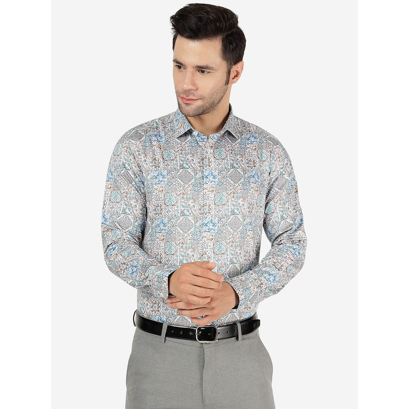 Jb Studio Mens Cotton Printed Cream & Blue Slim Fit Full Sleeve Party Wear Shirt (39)