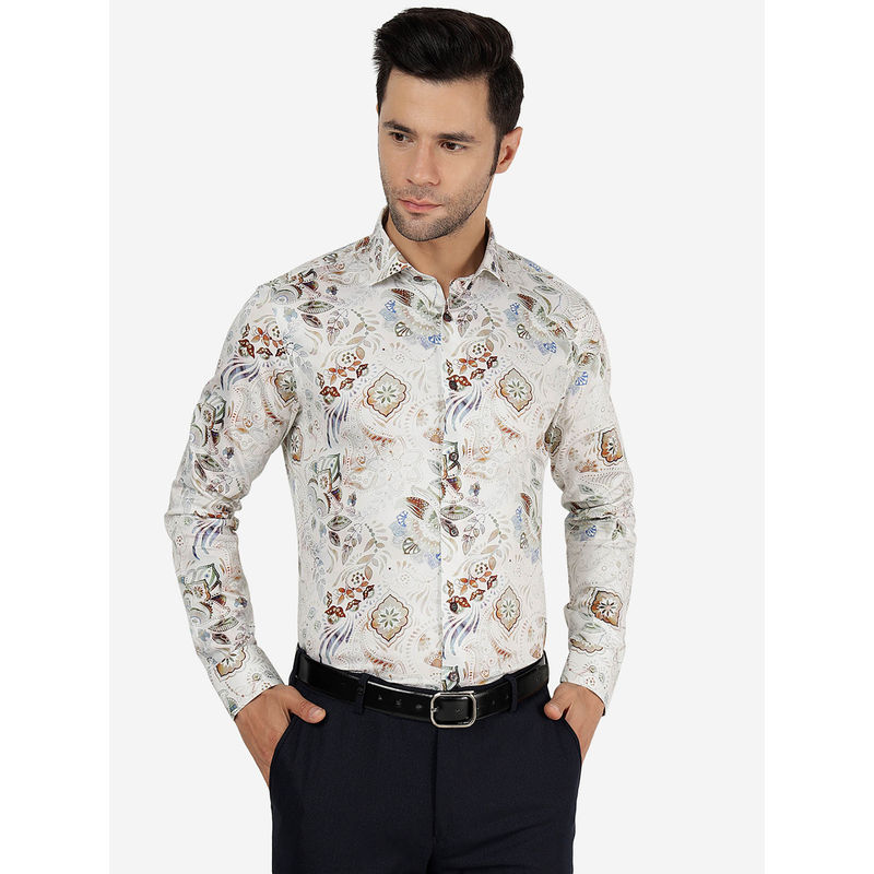 Jb Studio Mens Cotton Printed White Slim Fit Full Sleeve Party Wear Shirt (44)