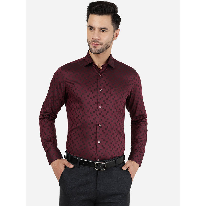 Greenfibre Men Cotton Blend Printed Maroon Slim Fit Formal Shirt (38)