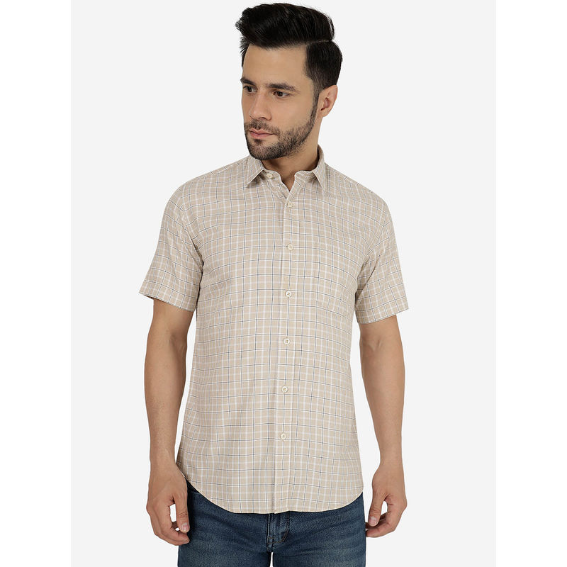 Jadeblue Men Checked Beige Pure Cotton Slim Fit Semi-Casual Shirt (39)