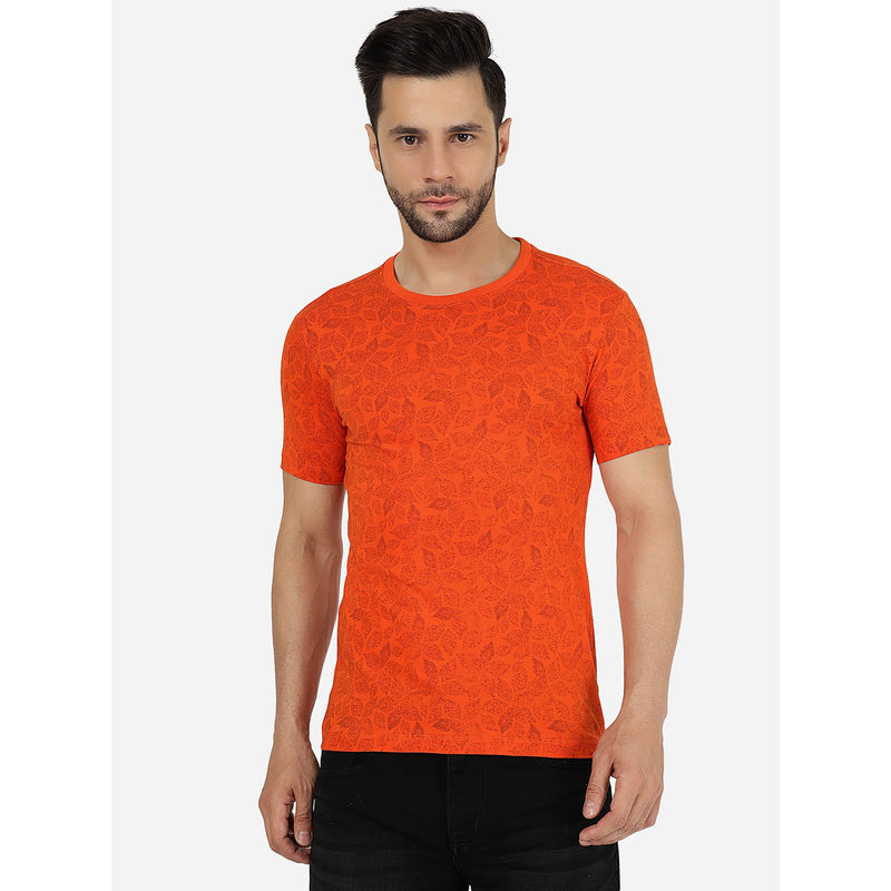Greenfibre Men Printed Orange Cotton Blend Slim Fit T-Shirt (38)