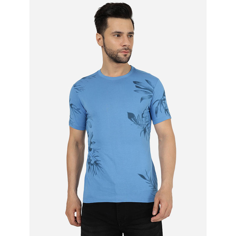 Greenfibre Men Printed Campanula Blue Cotton Blend Slim Fit T-Shirt (38)