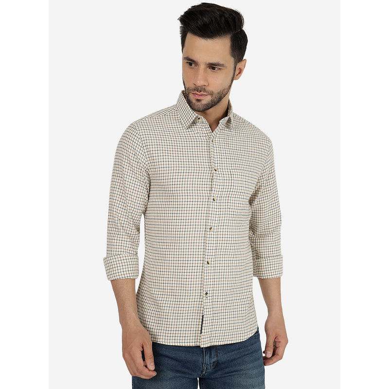 Greenfibre Men Checked Off White Pure Cotton Slim Fit Casual Shirt (39)