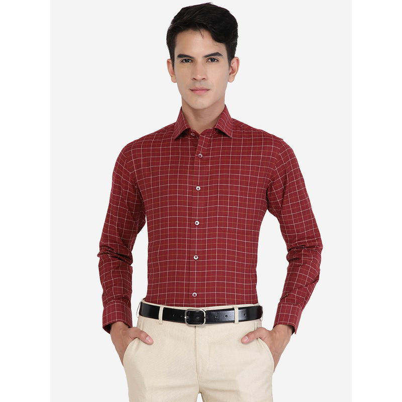Greenfibre Men Cotton Blend Checked Maroon Slim Fit Formal Shirt (39)