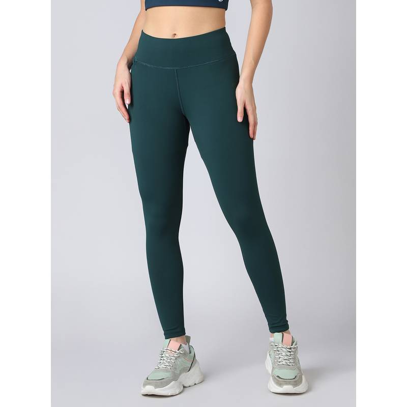 Technosport Women Slim Fit Green Solid Sports Tights (S)