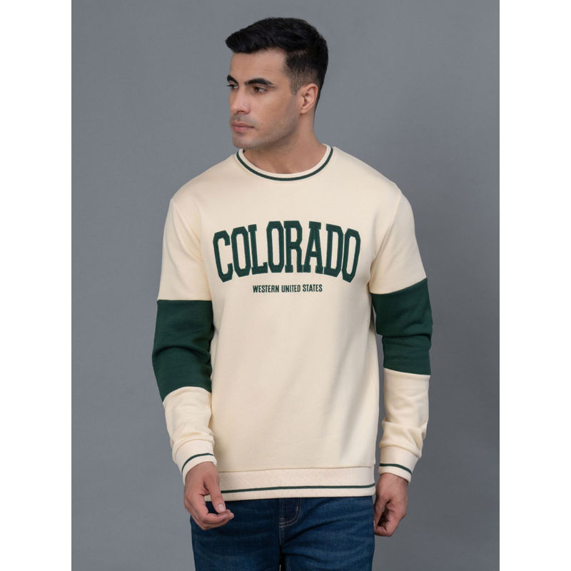 Red Tape Ivory Embroidered Cotton Poly Fleece Men's Sweatshirt (M)