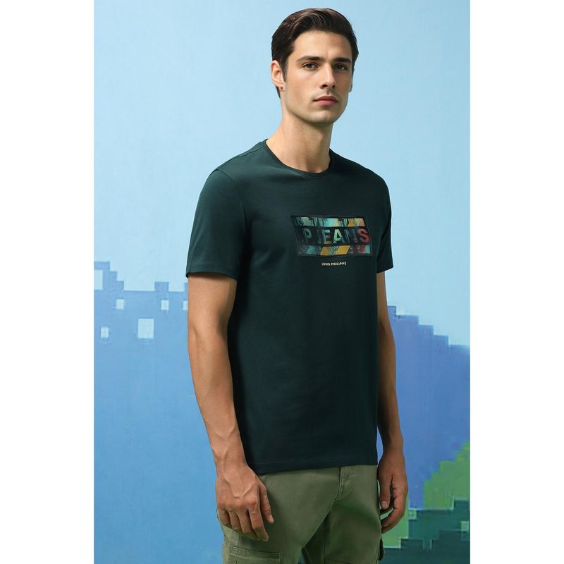 Louis Philippe Men Green Print Crew Neck T-Shirt (XL)