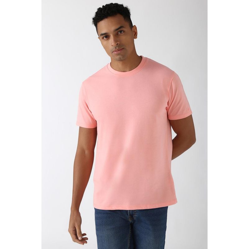 Peter England Men Peach Solid Round Crew Neck Round Neck T-Shirt (S)