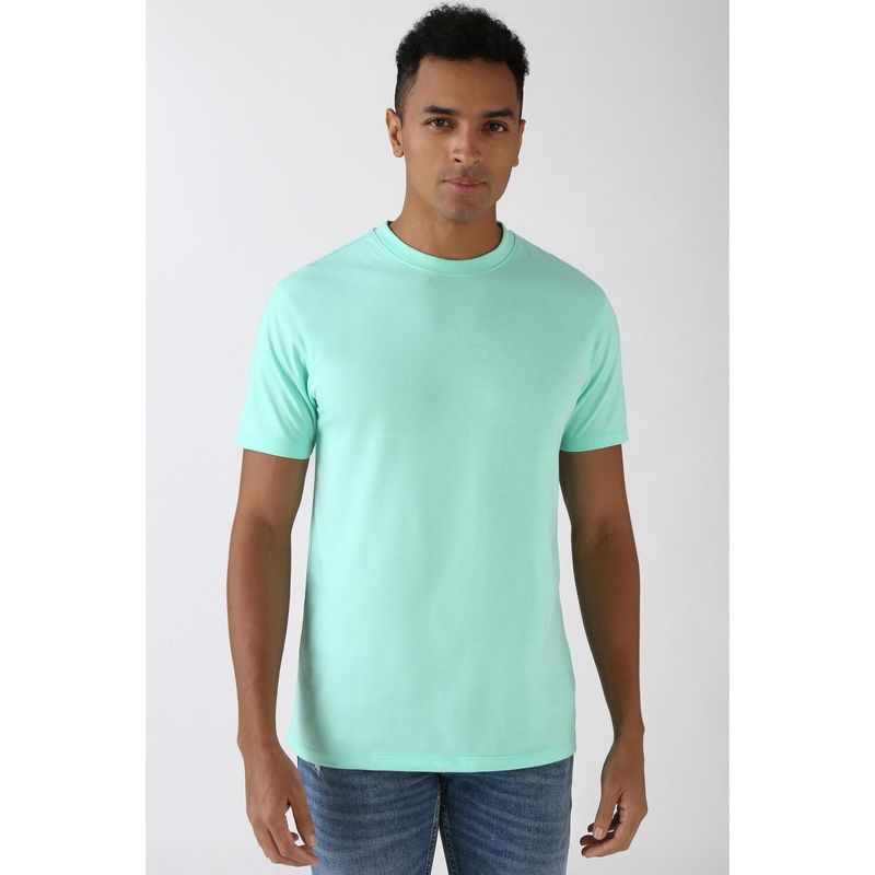 Peter England Men Aqua Solid Round Crew Neck Round Neck T-Shirt (M)