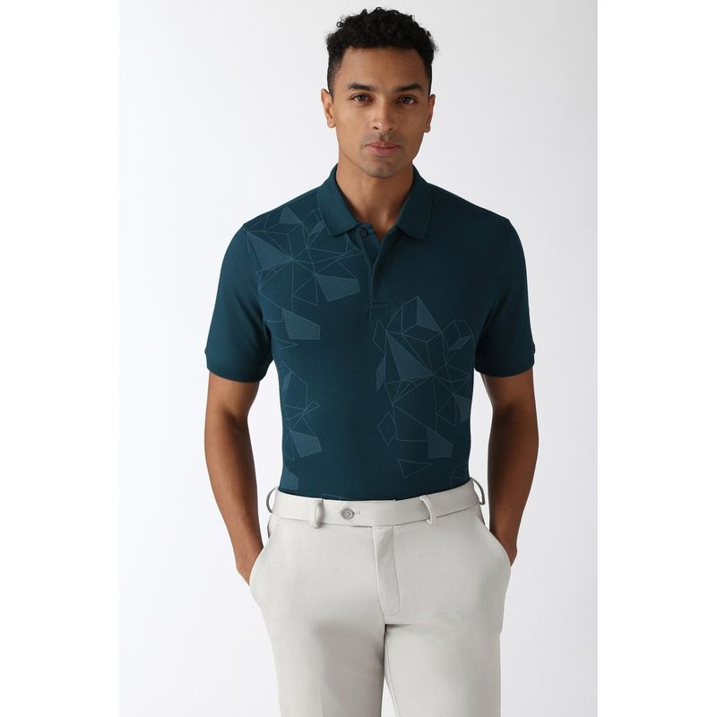Peter England Men Teal Print Collar Neck Polo T-Shirt (S)