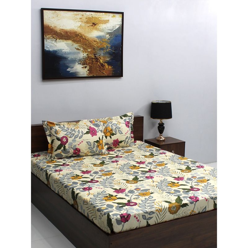 Bombay Dyeing IVYROSE 110 TC Cotton Queen Yellow Double Bedsheet with 2