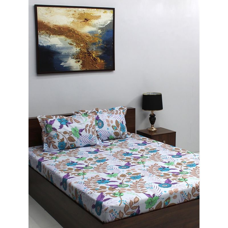 Bombay Dyeing IVYROSE 110 TC Cotton Queen Blue Double Bedsheet with 2