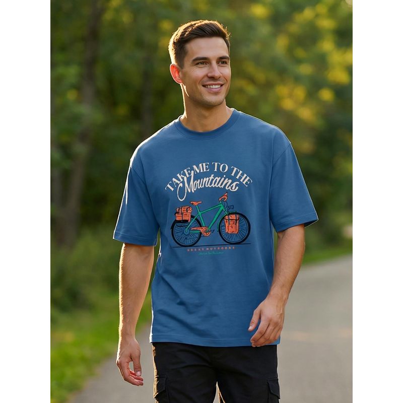 Nobero Men Blue Oversized Graphic Printed T-shirt (M)