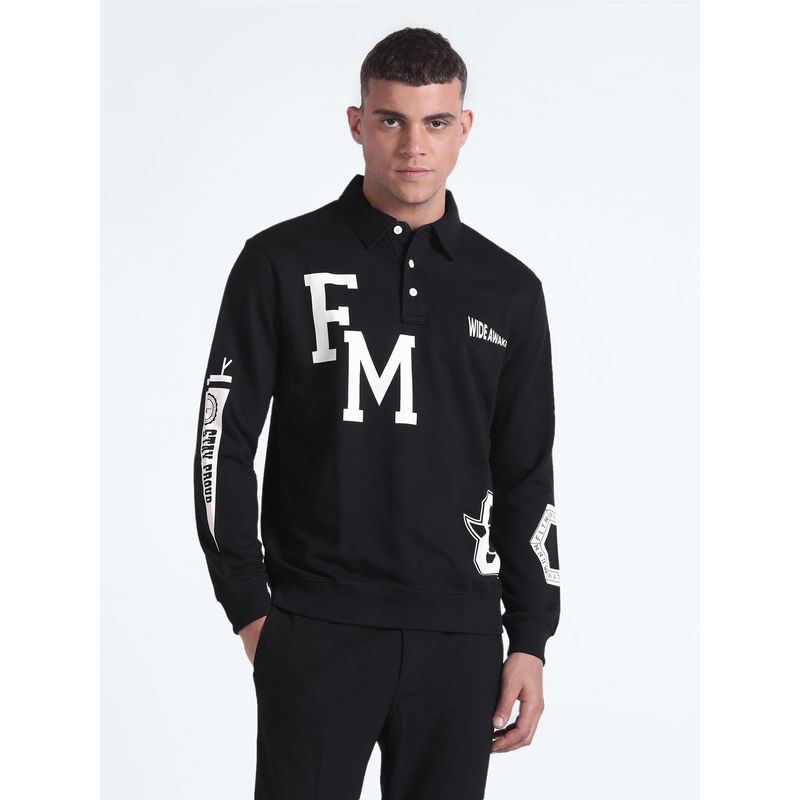 Flying Machine Men Black Text Printed Collar Neck Sweatshirt (L)