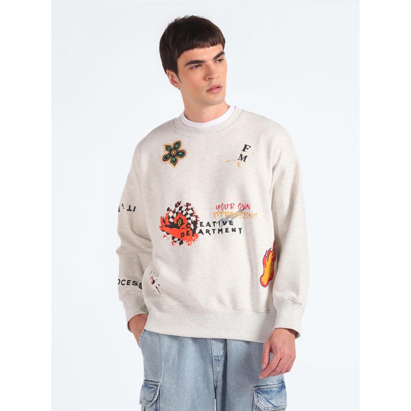 Flying Machine Men Cream Graphic Printed Oversized Sweatshirt (M)