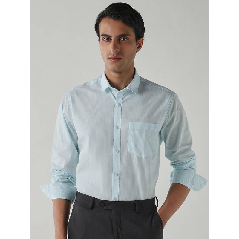 Reid & Taylor Men Blue Stripes Full Sleeves Shirt (38)