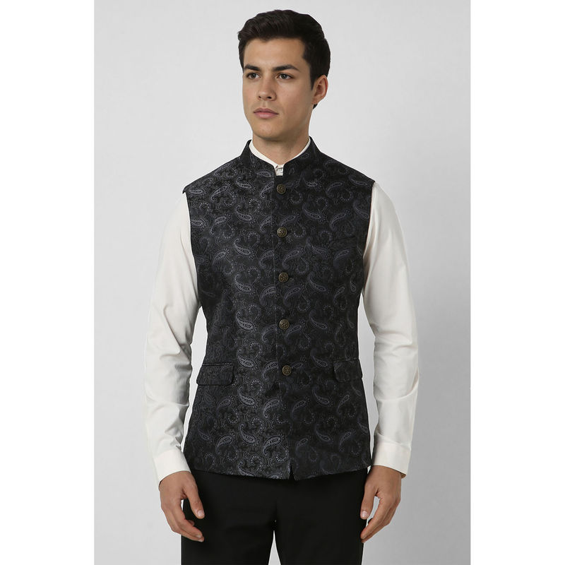 Van Heusen Men Black Print Wedding Nehru Jacket (38)