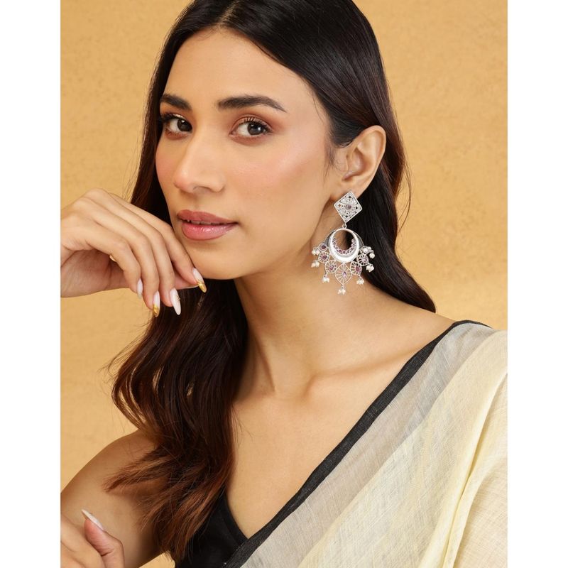 Pink - Hand Embroidered Fabart Beadwork Earrings by Rangila Dhaga