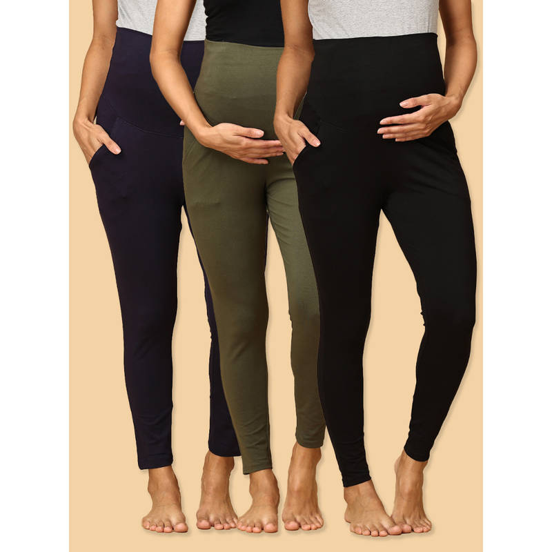 The Mom Store Black Navy and Olive Comfy Maternity Leggings (Pack of 3) (L)