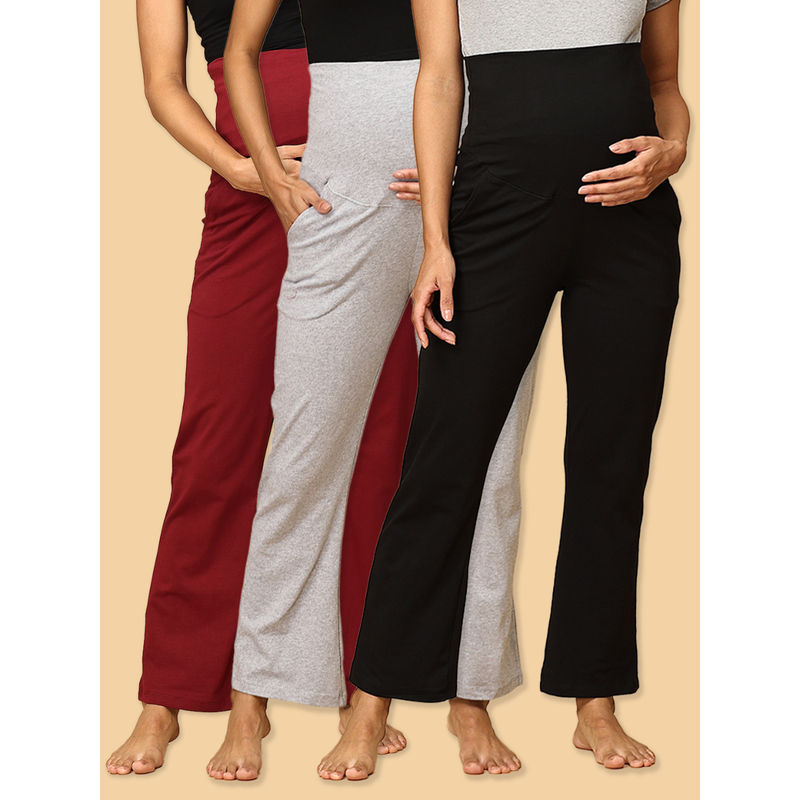 The Mom Store Maroon Grey and Black Comfy Maternity Track Pants (Pack of 3) (S)