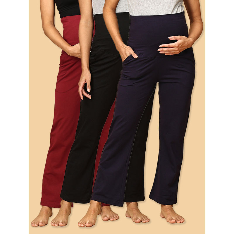The Mom Store Navy Maroon and Black Comfy Maternity Track Pants (Pack of 3) (S)