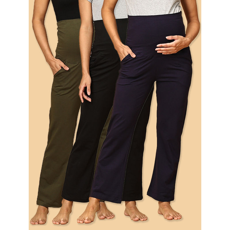 The Mom Store Olive Navy and Black Comfy Maternity Track Pant (Pack of 3) (S)