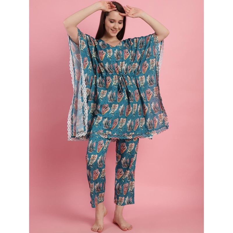 Shararat Womens Printed Stunning Teal Graphic Printed Co-Ord (Set of 2) (M)