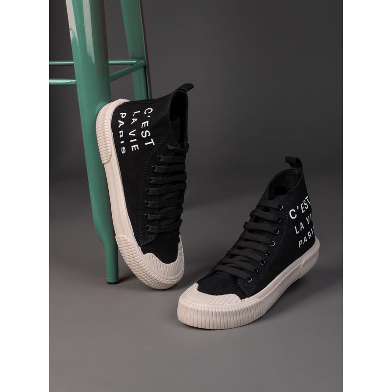 Styli Men's Black Mid Top Canvas Slogan Print Casual Shoes (EURO 44)