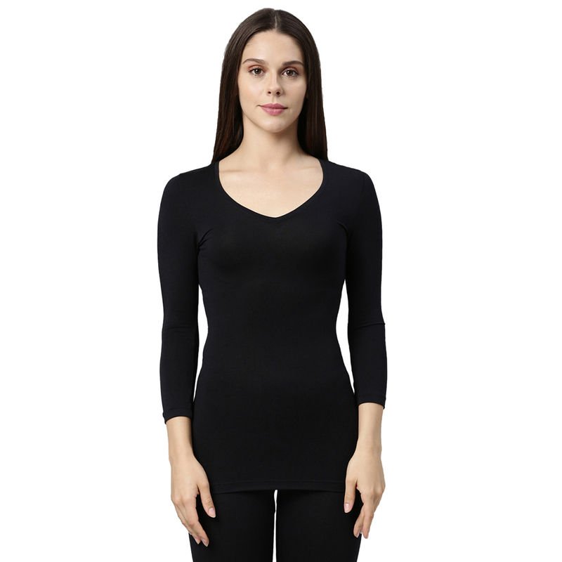 Enamor Women's V-Neck 3/4Th Thermal Top With Sweat Wicking And Antimicrobial Finish - Black (L)