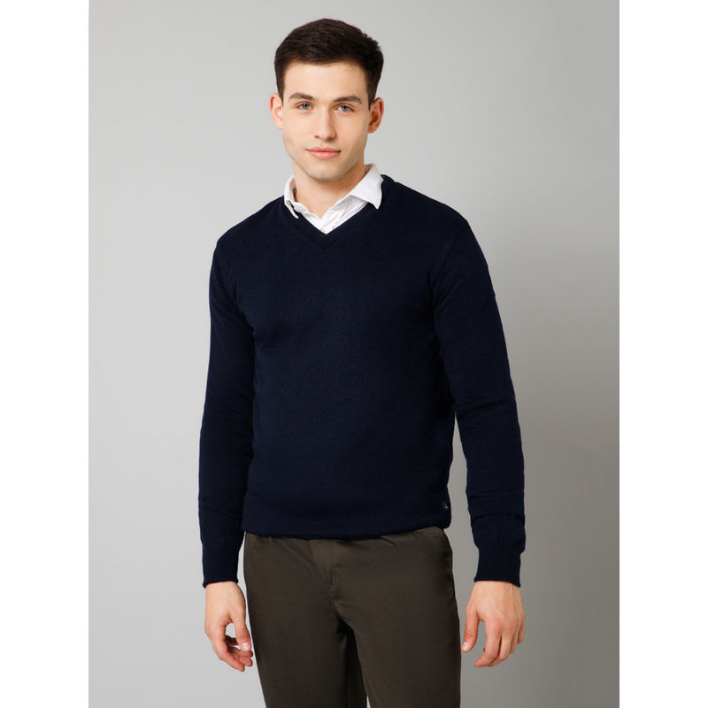 Cantabil Men's Navy Blue Solid Full Sleeves Casual Sweater (L)
