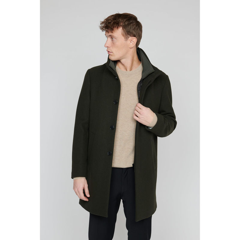 Matinique Men Green Solid High Stand Collar Long Sleeves Overcoat (M)