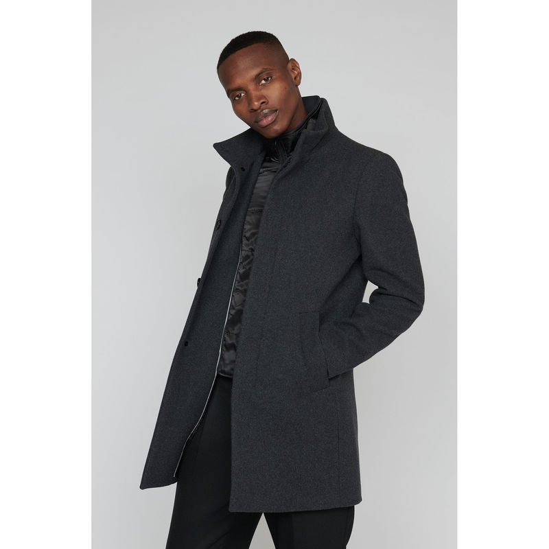 Matinique Men Grey Solid High Stand Collar Long Sleeves Overcoat (S)