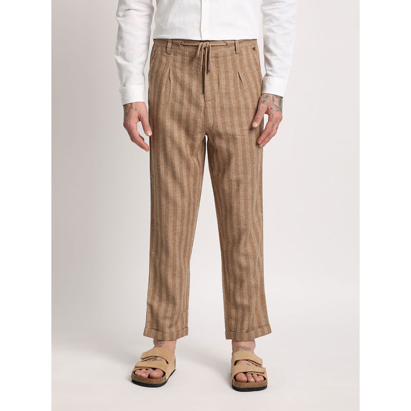 THE BEAR HOUSE Men Brown Vertical Striped Tapered Fit Casual Trouser (28)