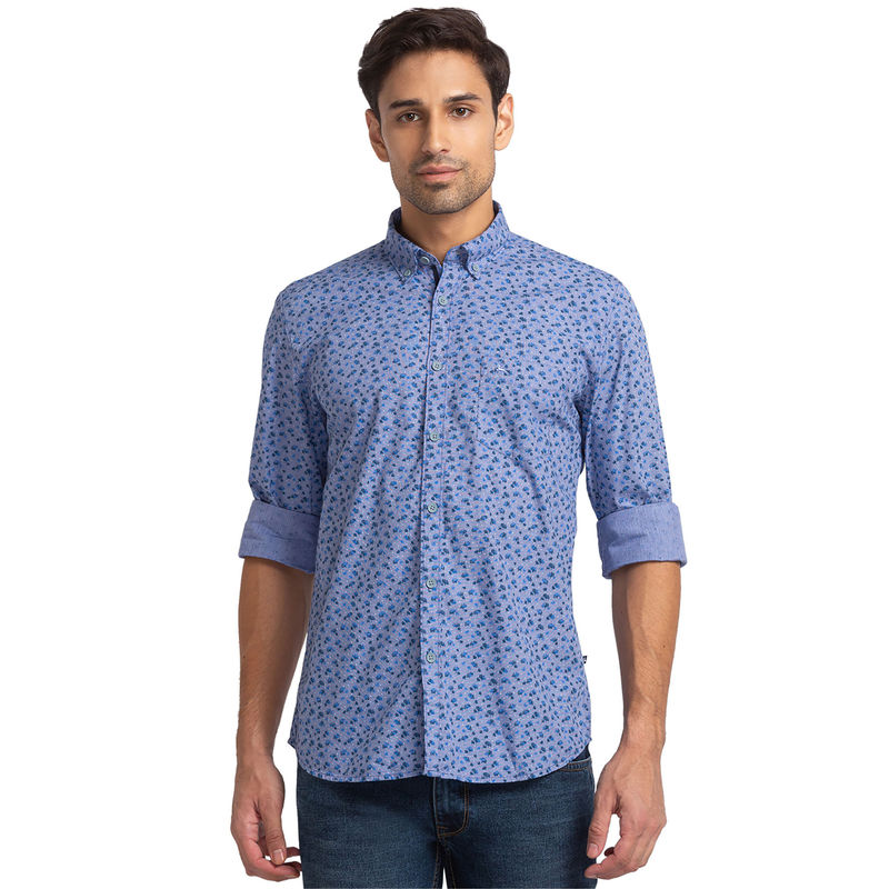 Parx Slim Fit Printed Blue Shirt (XS)