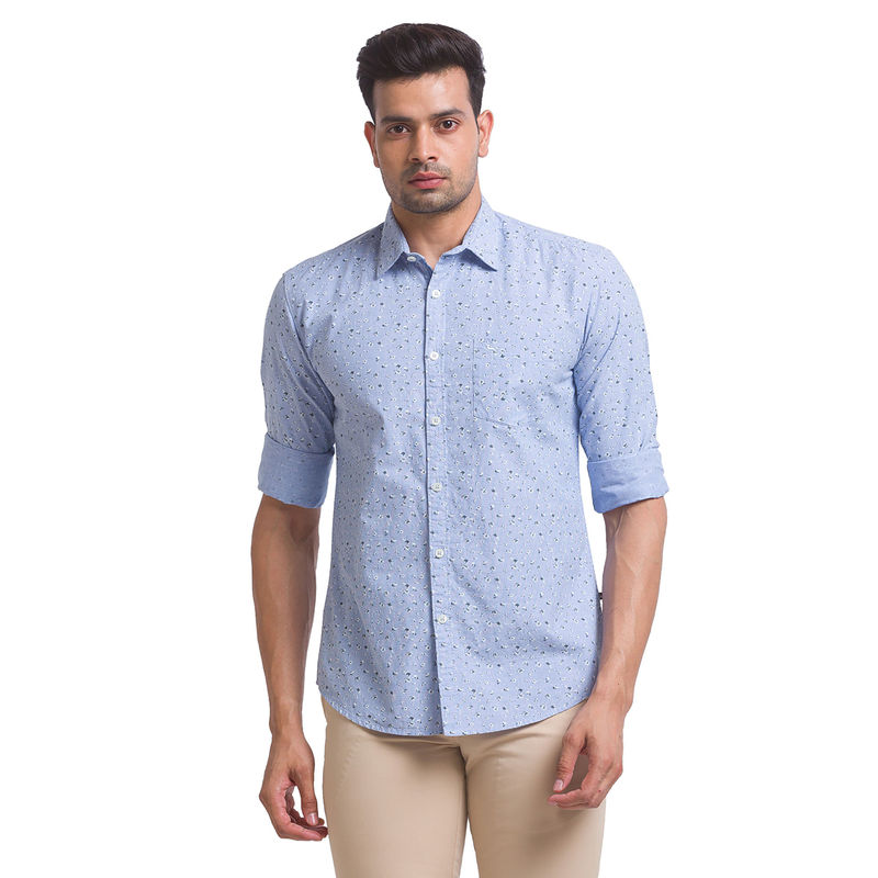 Parx Slim Fit Printed Blue Shirt (XS)